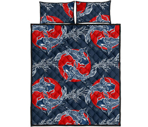 Koi Fish Carp Fishs hand drawn japanese art Quilt Bed Set