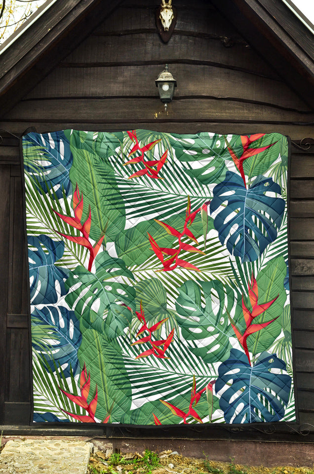 Heliconia Palm And Monstera  Leaves Pattern Premium Quilt