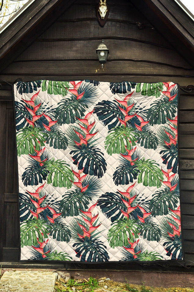 Heliconia Flowers, Palm And Monstera Leaves Premium Quilt