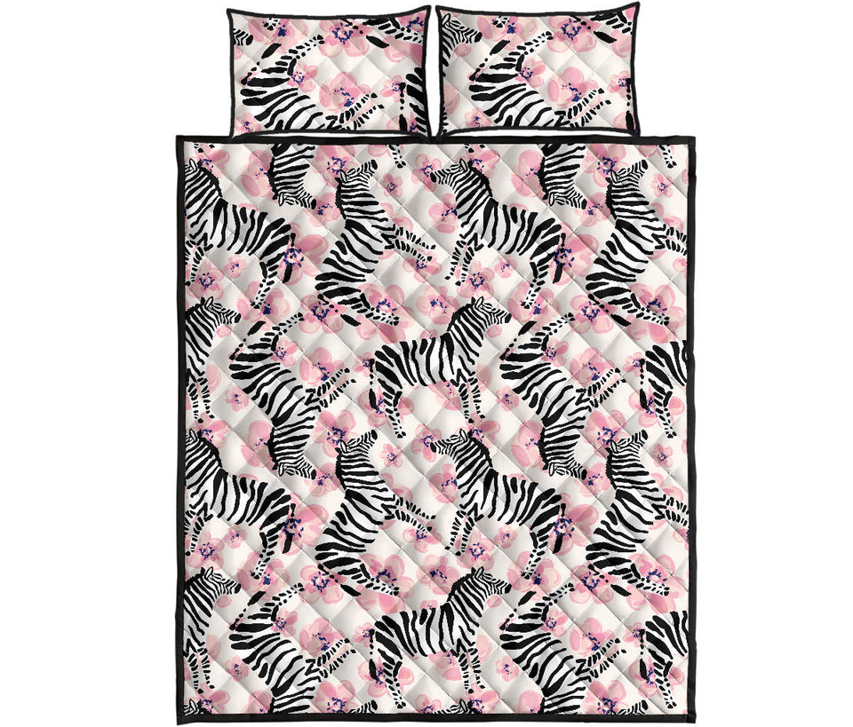 Zebra pink flower background Quilt Bed Set