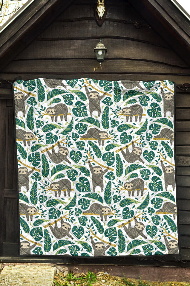 Cute Sloths Tropical Palm Leaves White Background Premium Quilt