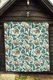 Cute Sloths Tropical Palm Leaves White Background Premium Quilt