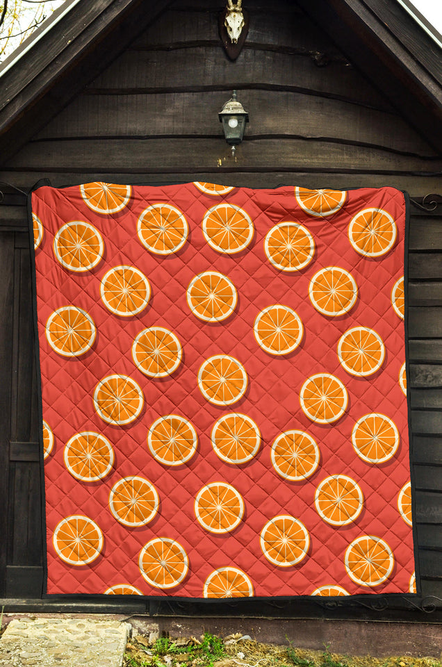 Oranges Pattern Red Background Premium Quilt