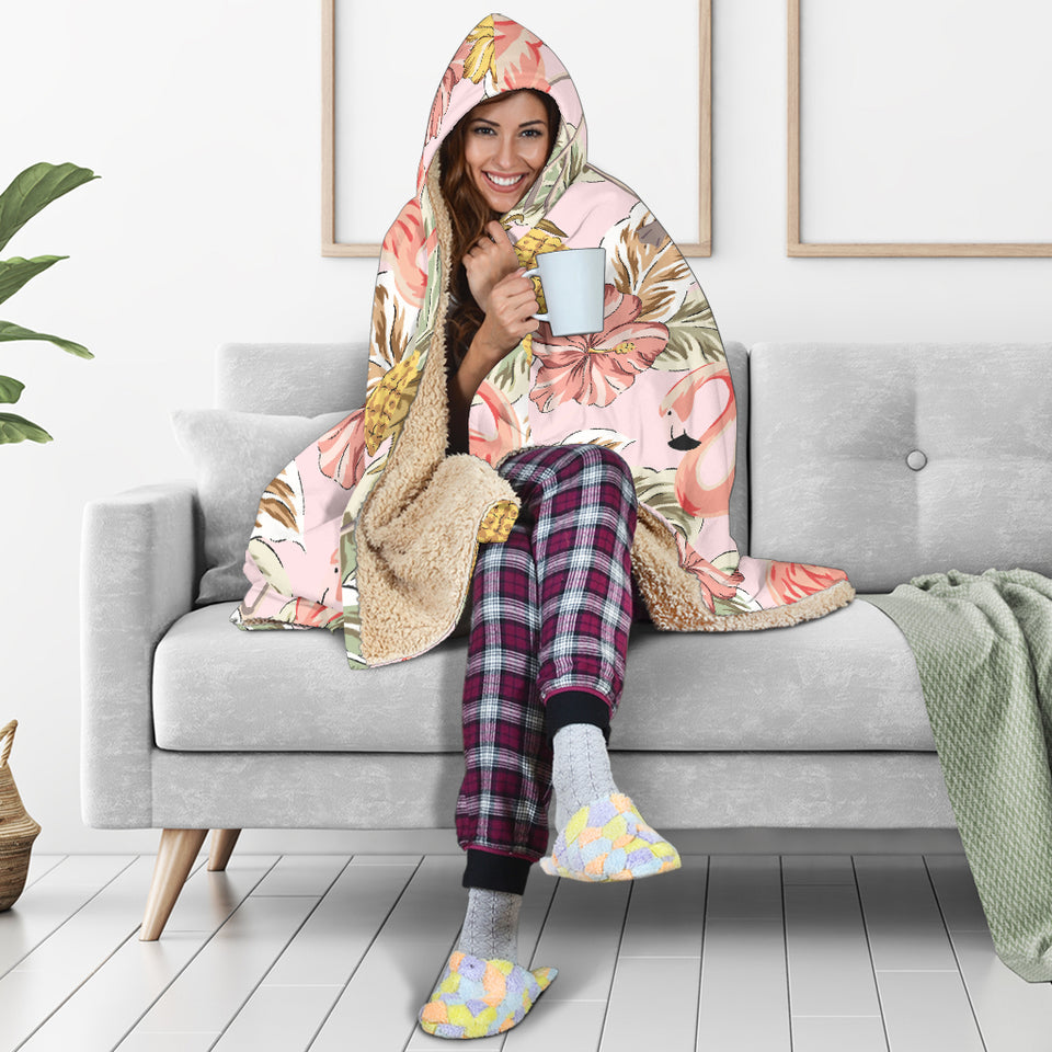 Pink Flamingo Birds Pineapples Hibiscus Flower Pattern Hooded Blanket