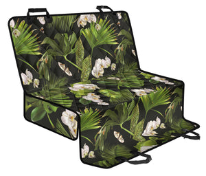 White Orchid Flower Tropical Leaves Pattern Blackground Dog Car Seat Covers