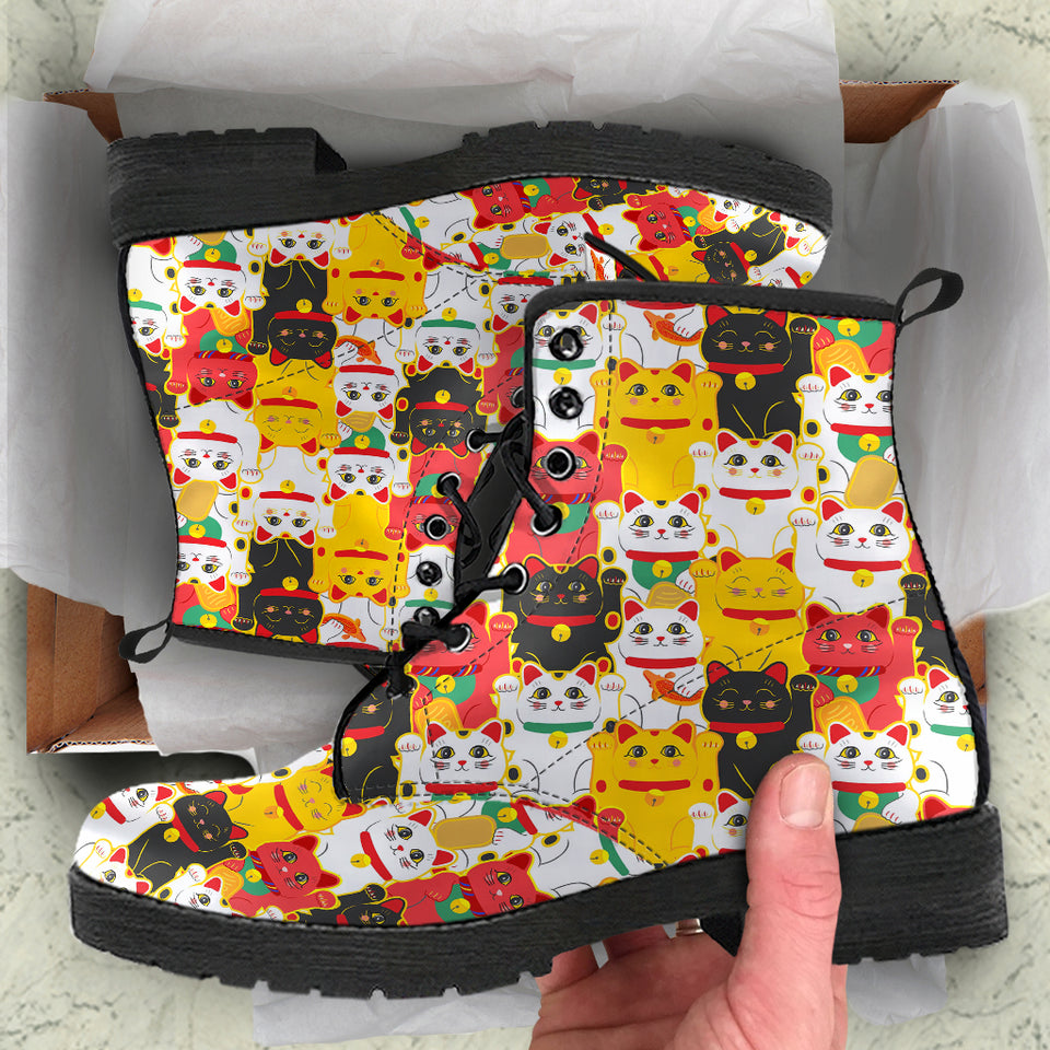Colorful Maneki Neko Lucky Cat Pattern Leather Boots