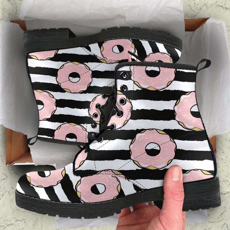 Donuts Pink Icing Striped Pattern Leather Boots