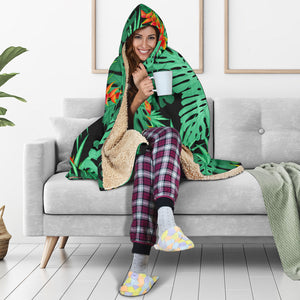 Heliconia Flower Palm Monstera Leaves Black Background Hooded Blanket