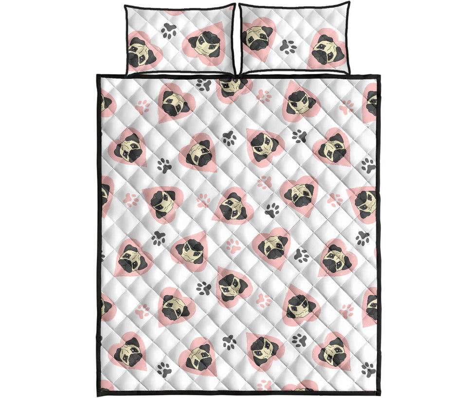 Cute pugs pink heart paw pattern Quilt Bed Set