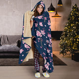 Pink Sakura Cherry Blossom Blue Background Hooded Blanket