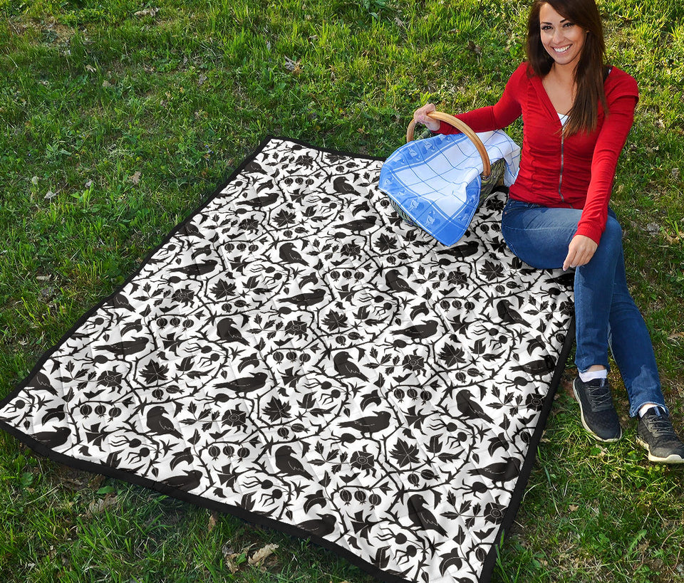Crow Dark Floral Pattern Premium Quilt