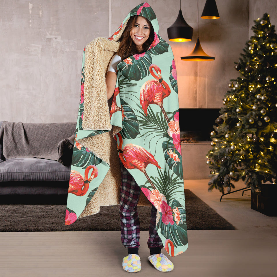 Beautiful Flamingo Tropical Palm Leaves Hibiscus Pateern Background Hooded Blanket