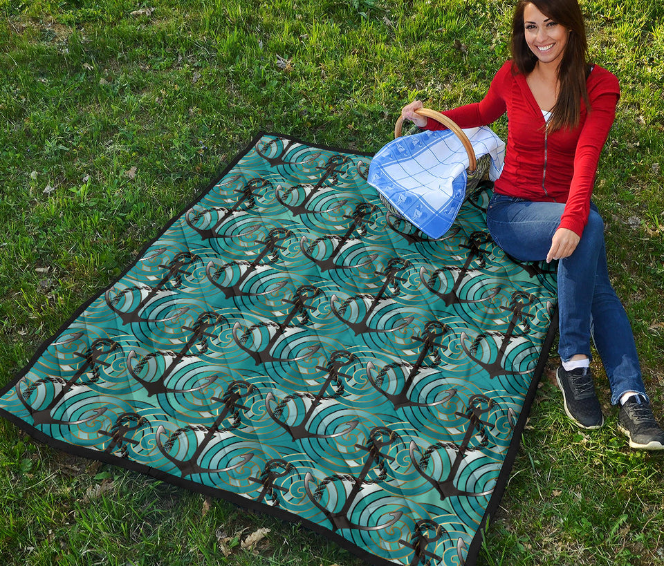 Anchor Nautical Green Background Premium Quilt