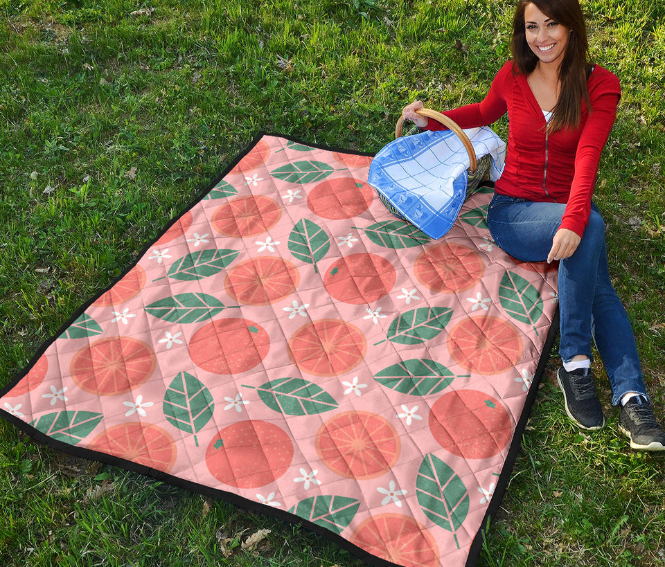 Grapefruit Leaves Flower Pink Background Premium Quilt
