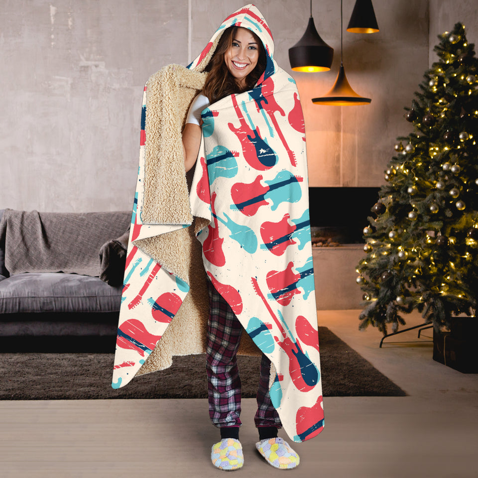 Red Blue Guitar Pattern Hooded Blanket