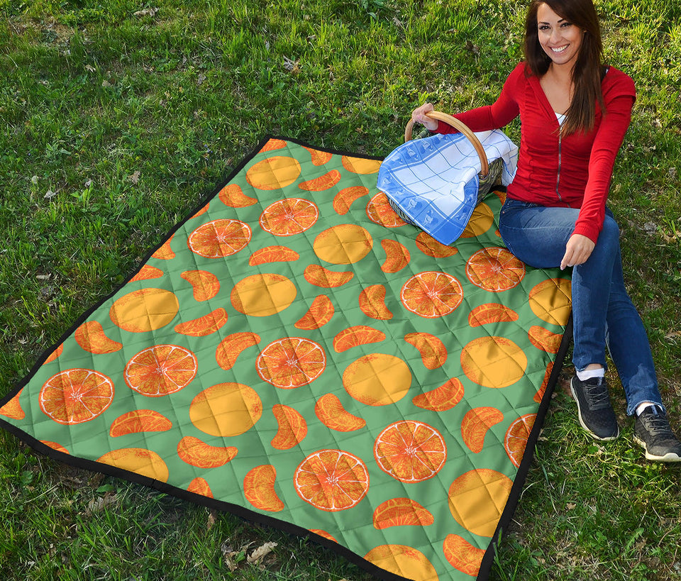 Orange Fruit Pattern Green Background Premium Quilt