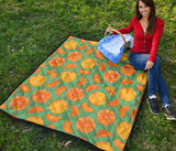 Orange Fruit Pattern Green Background Premium Quilt