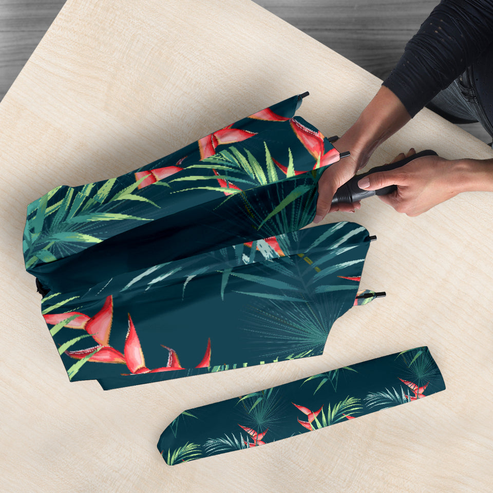 Heliconia Flowers, Palm And Monstera Leaves On Black Background Pattern Umbrella