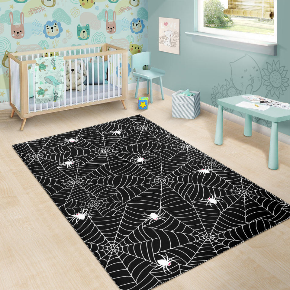 Spider Web Design Pattern Black Background White Cobweb Area Rug