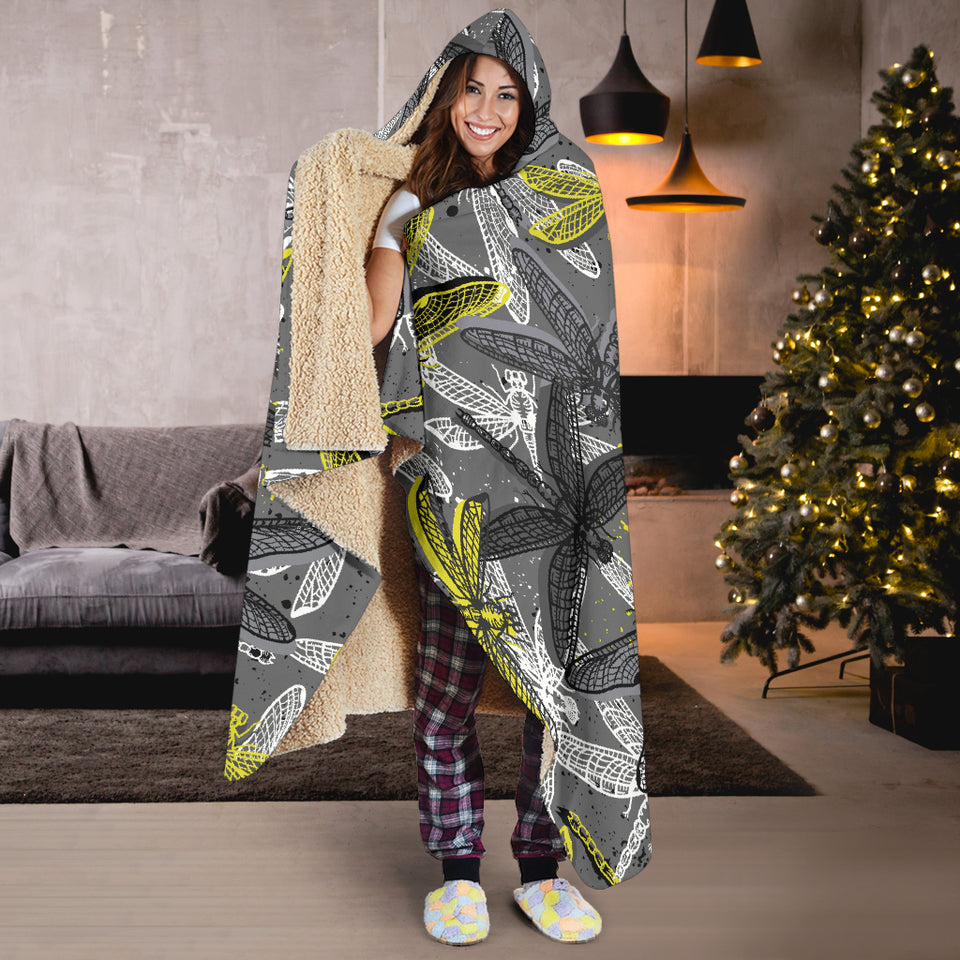 Hand Drawn Dragonfly Pattern Hooded Blanket