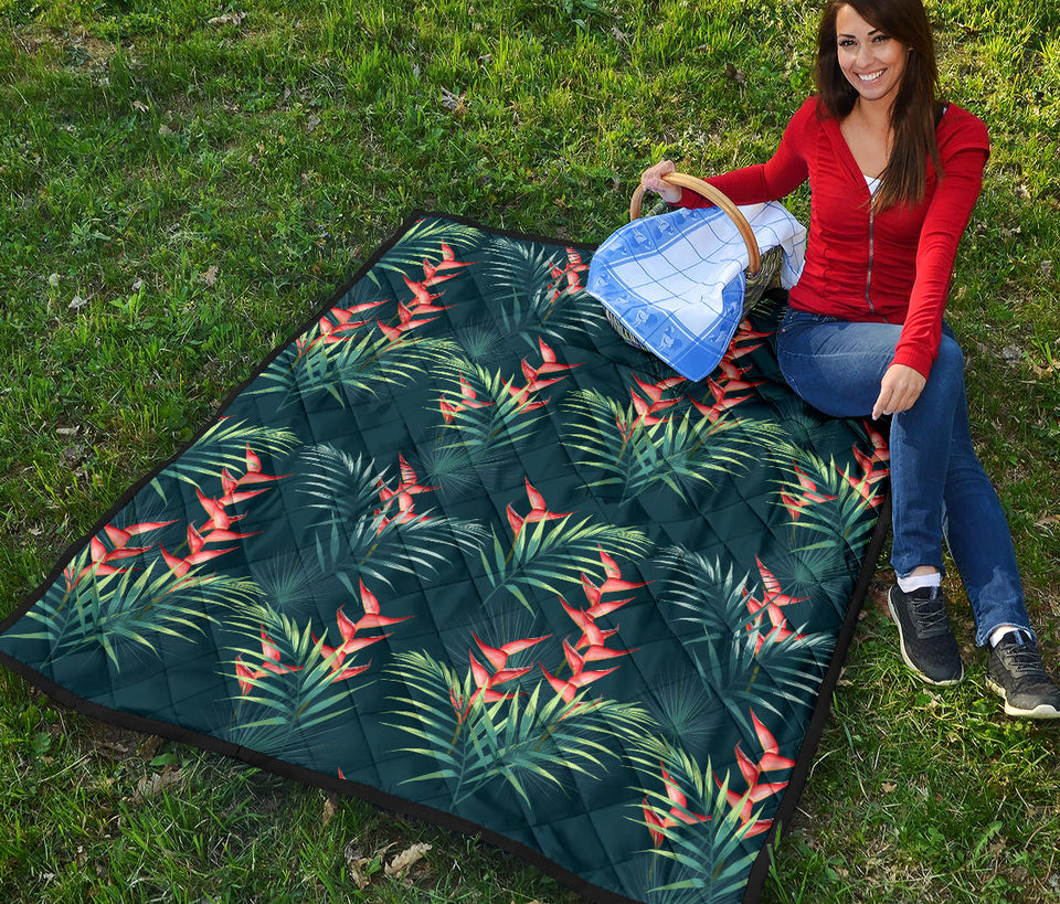 Heliconia Flowers, Palm And Monstera Leaves On Black Background Pattern Premium Quilt