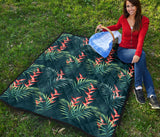 Heliconia Flowers, Palm And Monstera Leaves On Black Background Pattern Premium Quilt