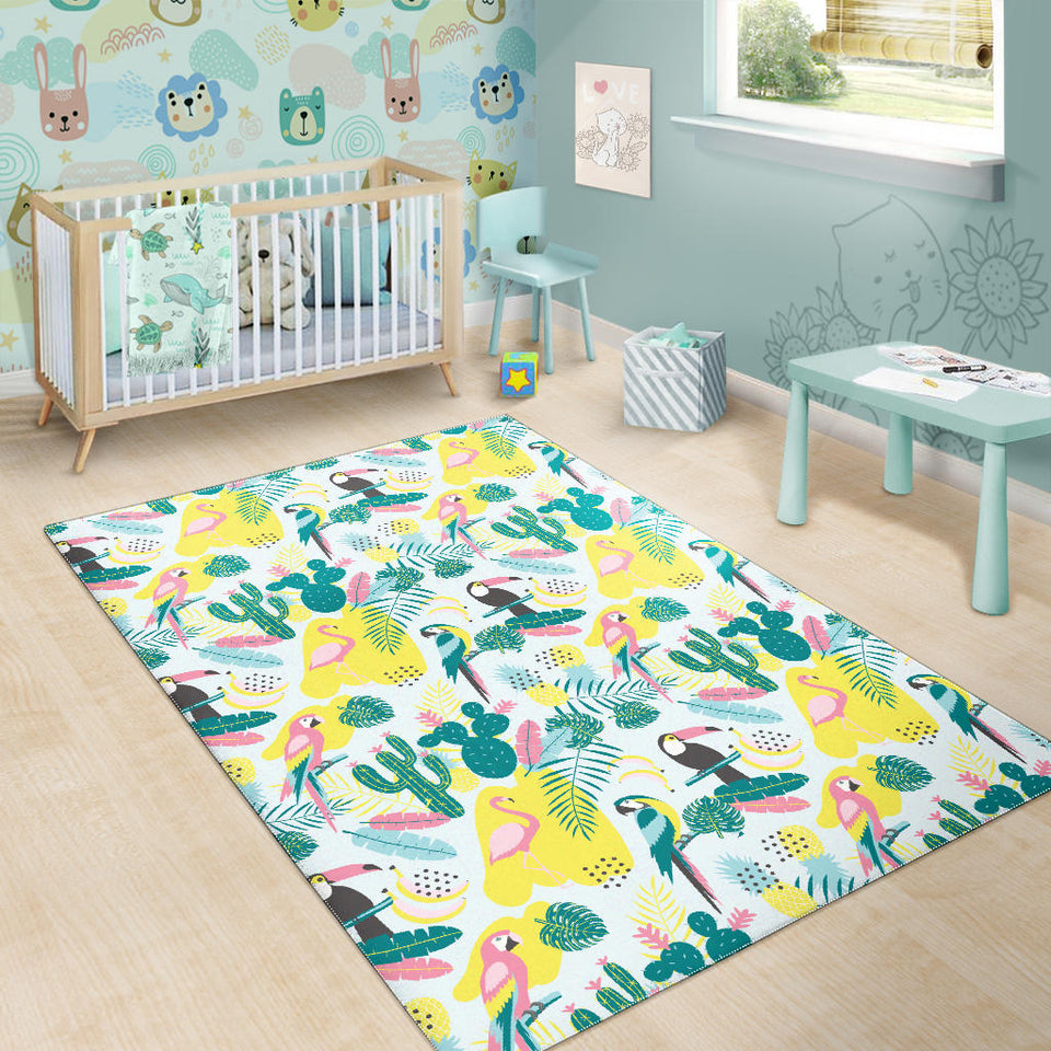 Cute Parrot Toucan Flamingo Cactus Exotic Leaves Pattern Area Rug
