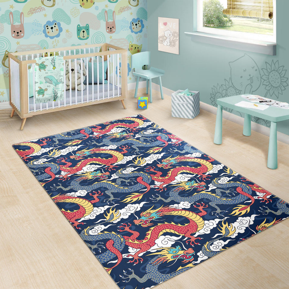 Blue Red Dragon Cloud Pattern Area Rug