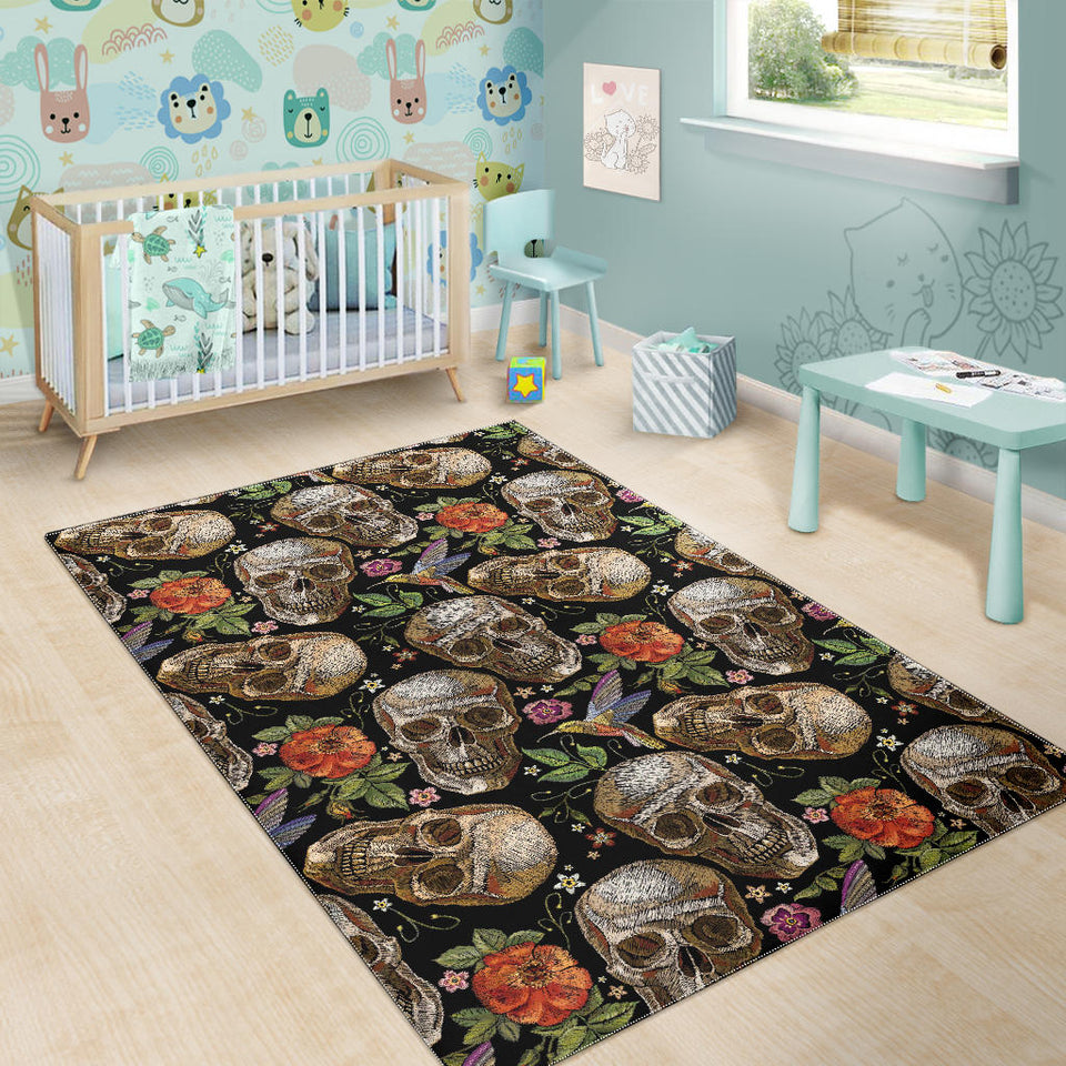 Skull Rose Humming Bird Flower Pattern Area Rug