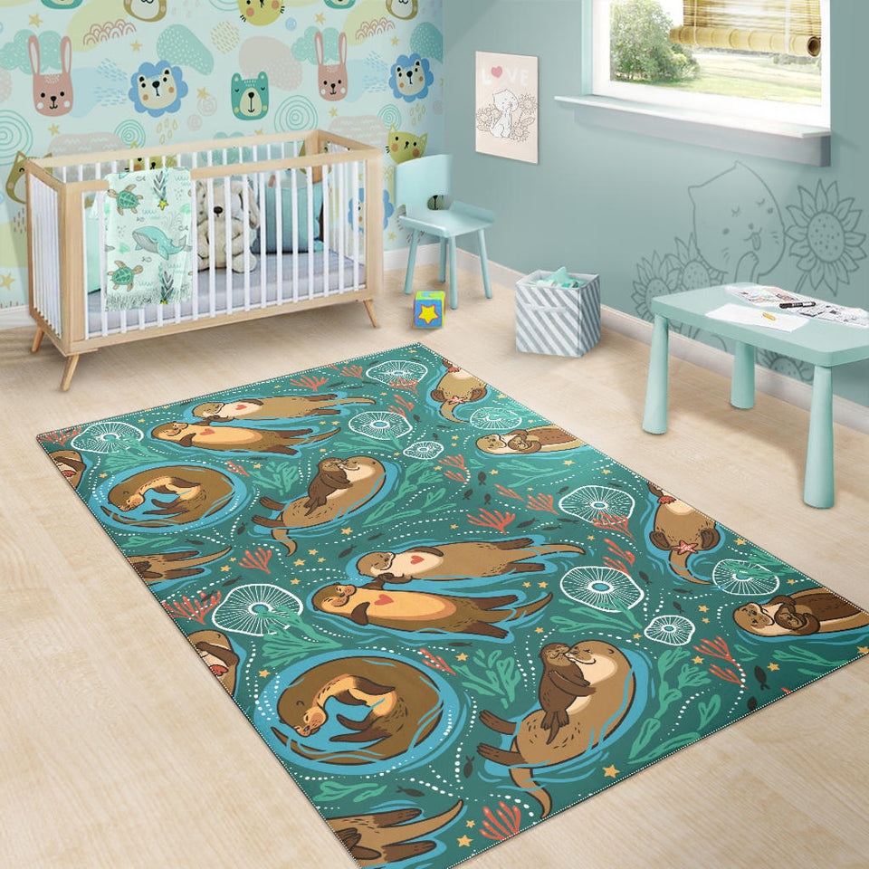 Cute Brown Sea Otters Ornamental Seaweed Corals Green Water Area Rug