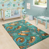 Cute Brown Sea Otters Ornamental Seaweed Corals Green Water Area Rug