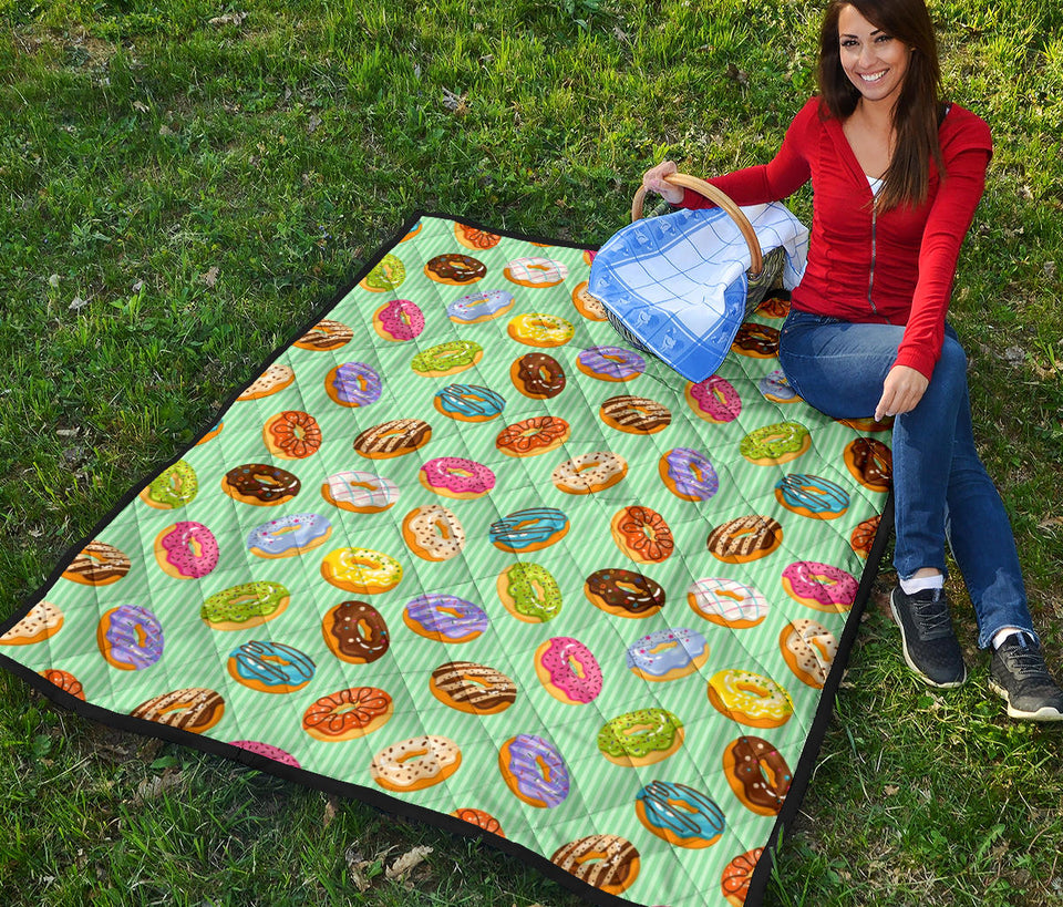 Colorful Donut Pattern Green Background Premium Quilt