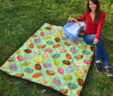 Colorful Donut Pattern Green Background Premium Quilt
