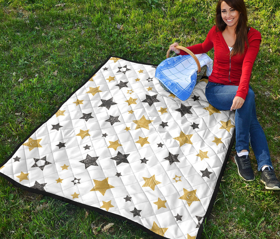 Hand Drawn Gold Black Star Pattern Premium Quilt.