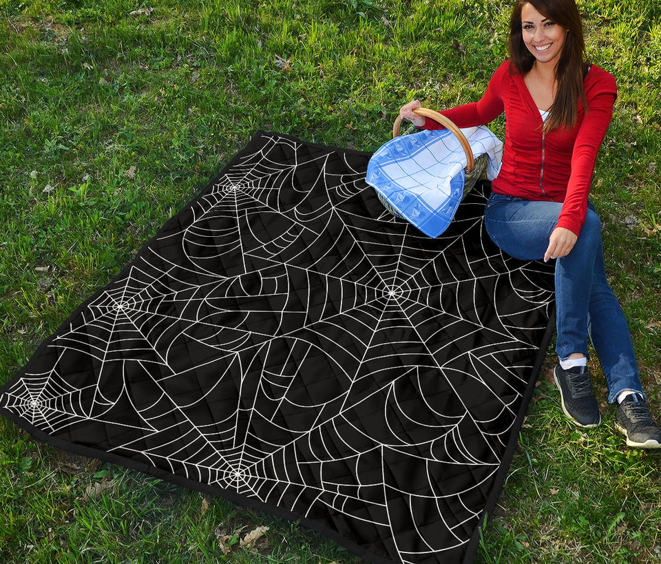 Spider Web Pattern Black Background White Cobweb Premium Quilt