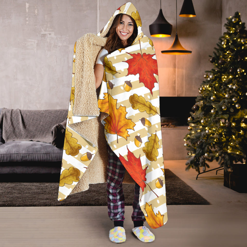 Maple Leaf Oak Leaf Acorns Beige Striped Background Hooded Blanket