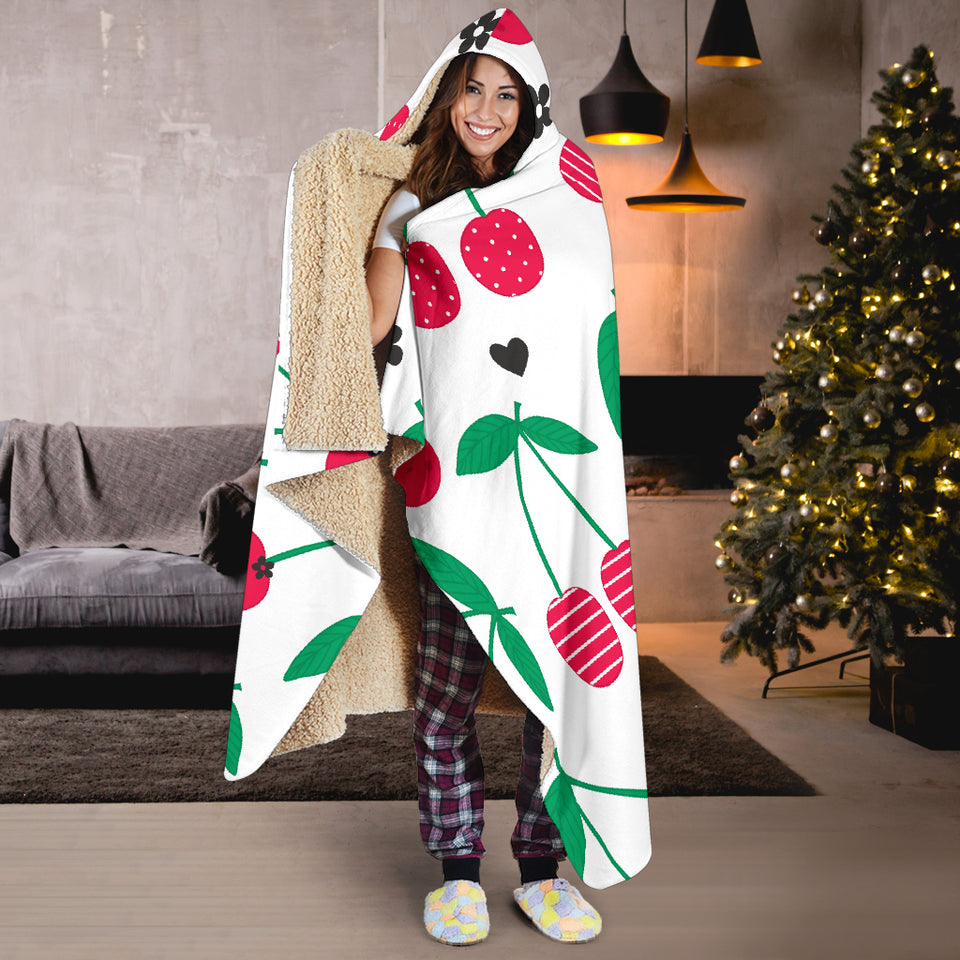Cherry Pattern White Background Hooded Blanket