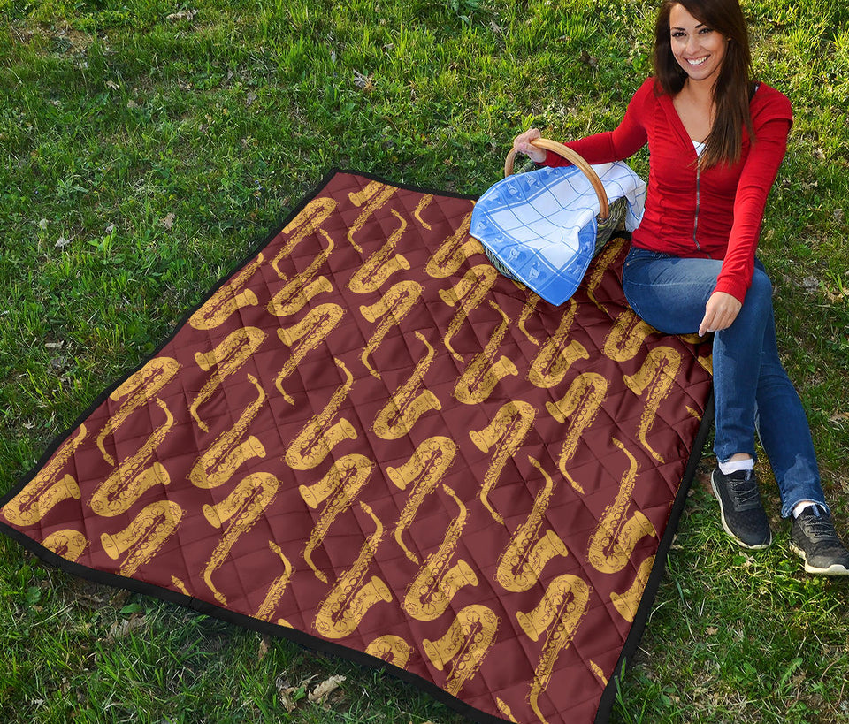 Hand Drawn Gold Saxophone Red Background  Premium Quilt
