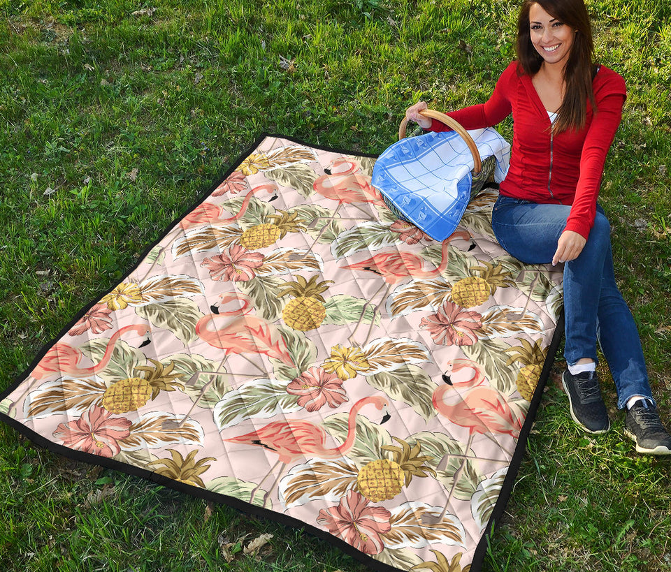 Pink Flamingo Birds Pineapples Hibiscus Flower Pattern Premium Quilt