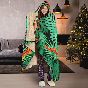 Heliconia Flower Palm Monstera Leaves Black Background Hooded Blanket