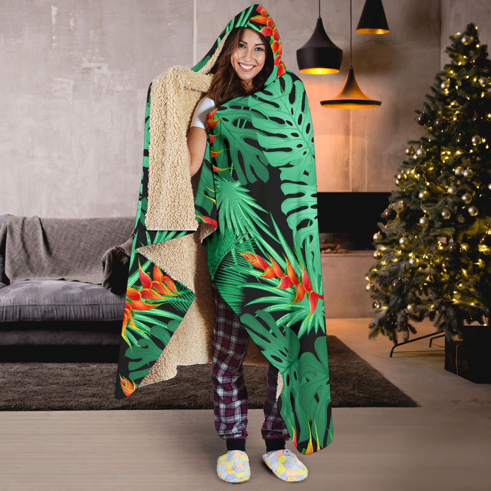 Heliconia Flower Palm Monstera Leaves Black Background Hooded Blanket