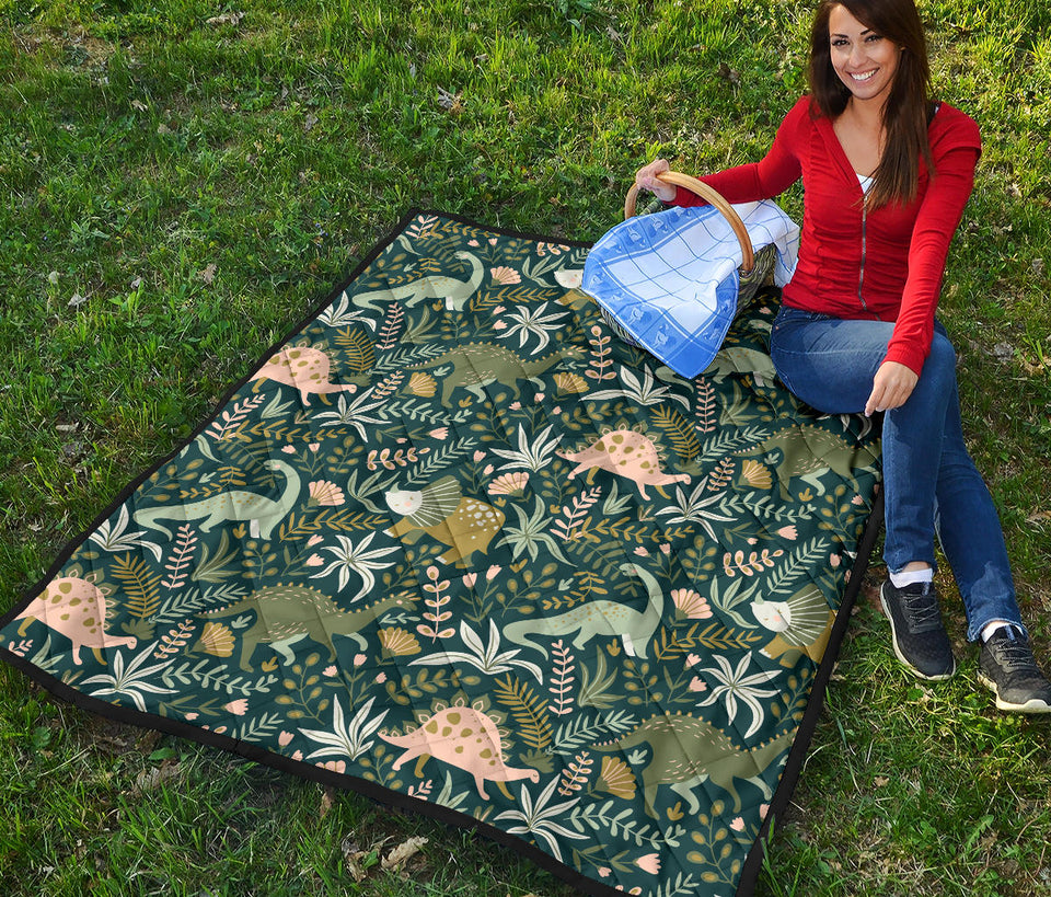 Dinosaurs Tropical Leaves Flower Pattern Premium Quilt