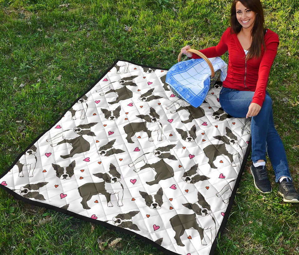 Boston Terrier Dog Hearts Vector Pattern Premium Quilt