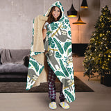 Cute Sloths Tropical Palm Leaves White Background Hooded Blanket