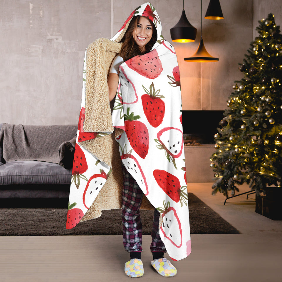 Watercolor Hand Drawn Beautiful Strawberry Pattern Hooded Blanket