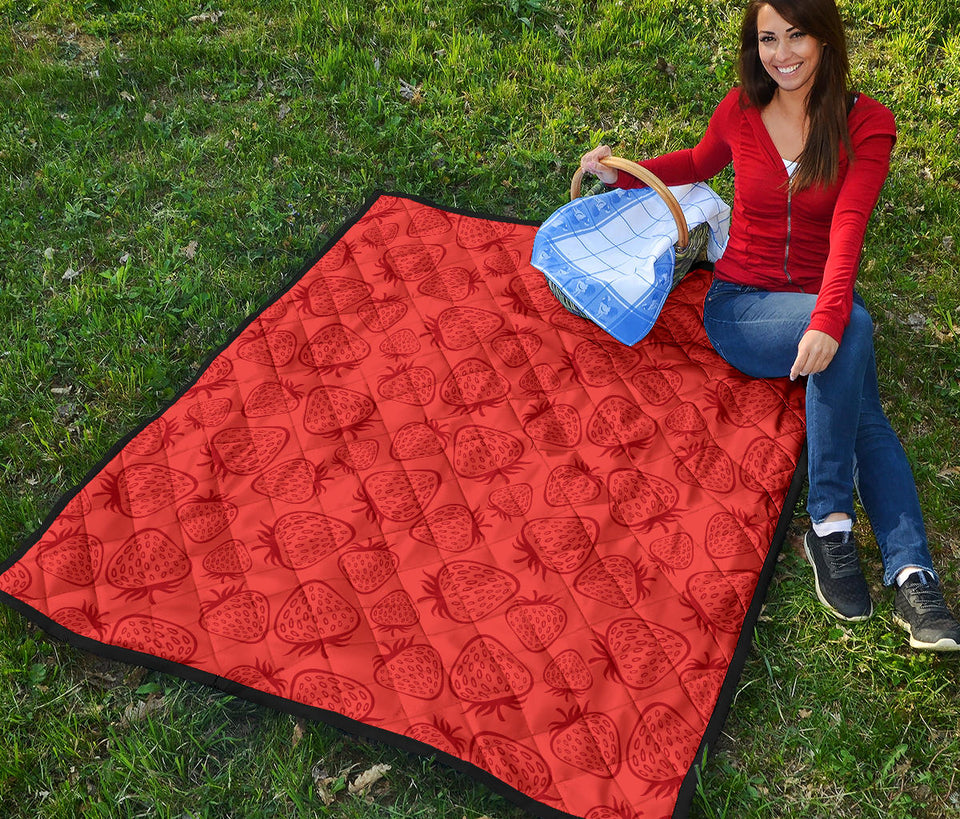 Strawberry Pattern Red Background Premium Quilt