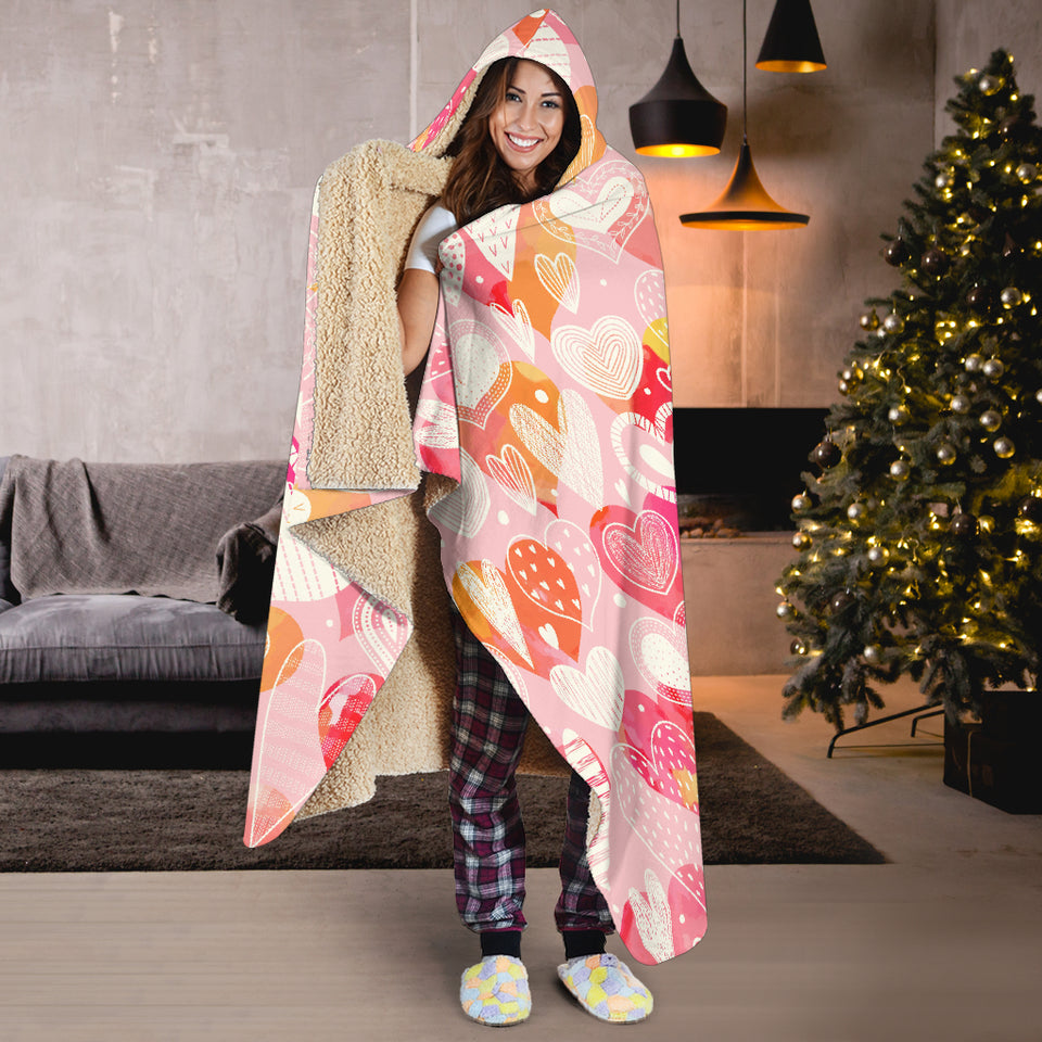 Hand Drawn Heart Design Pattern Hooded Blanket