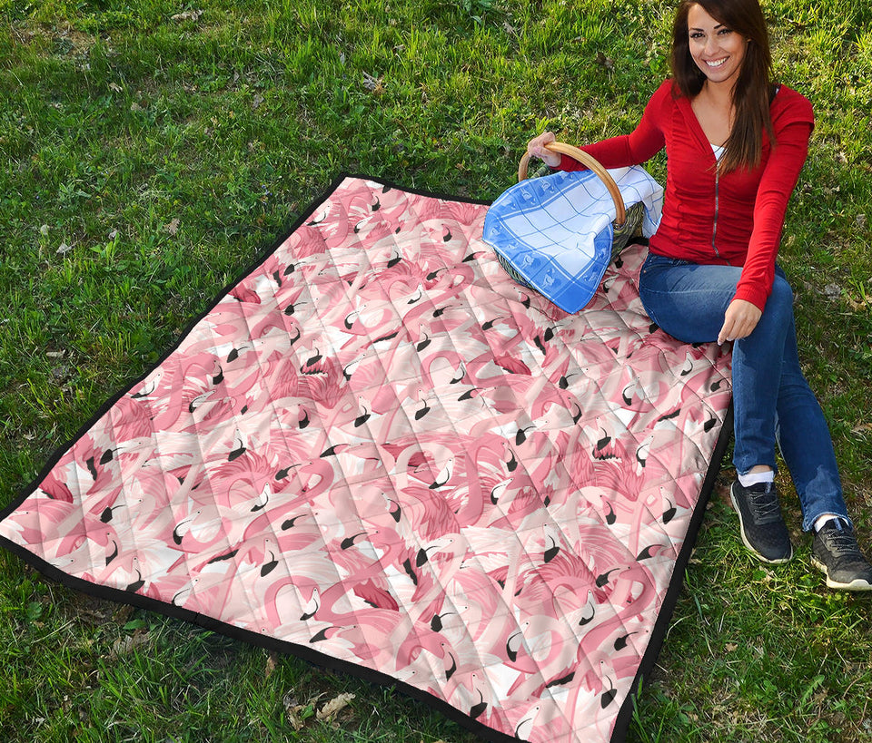 Pink Flamingos Pattern Background Premium Quilt