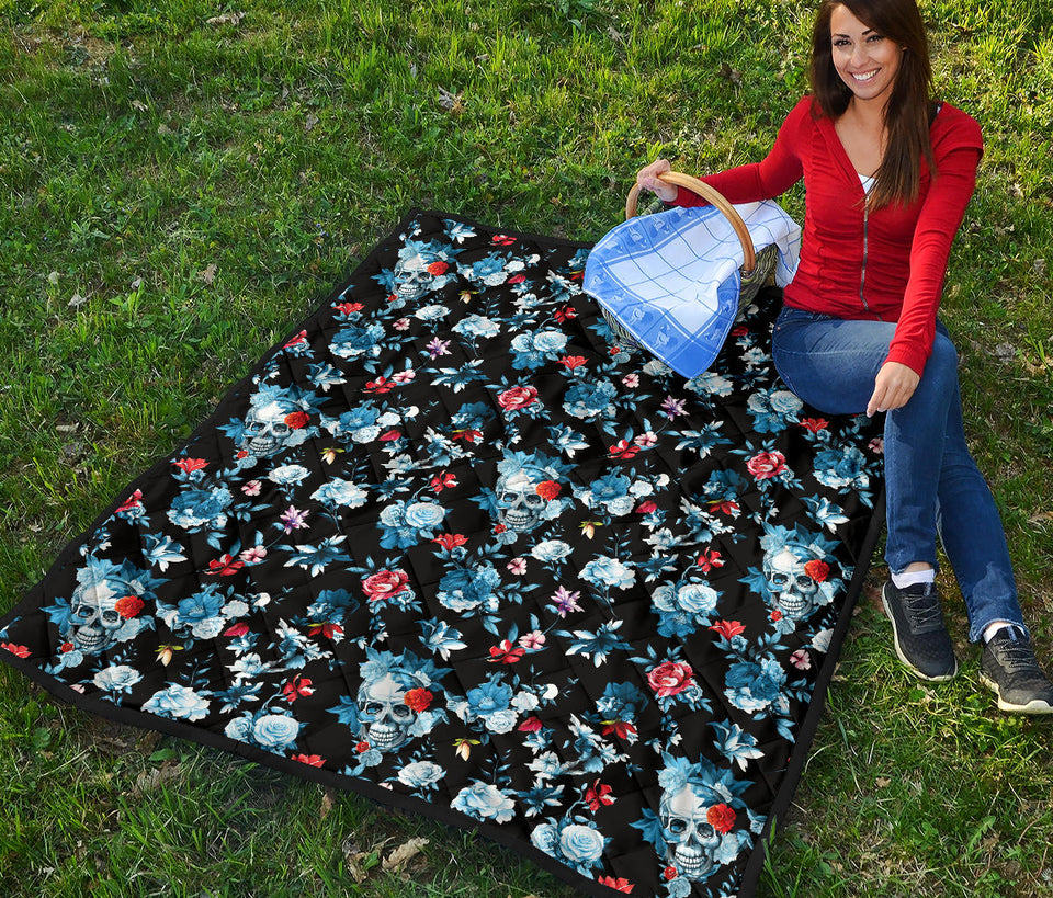 Skull Flower Roses Leave Pattern Premium Quilt