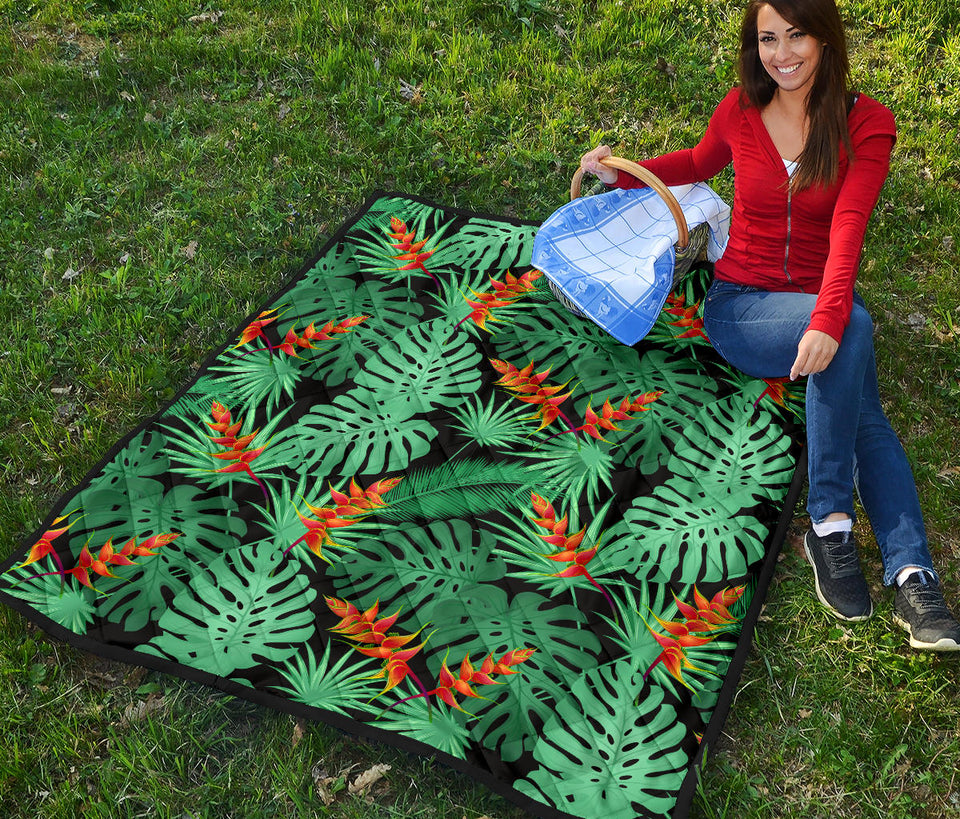 Heliconia Flower Palm Monstera Leaves Black Background Premium Quilt